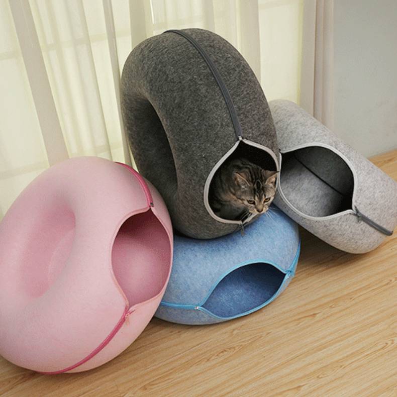 Donut Cat Tunnel Bed Pets House Natural Felt Pet Cat Cave Interactive Toys Round Wool Felt Pet Bed Cat Training Toy Cat House