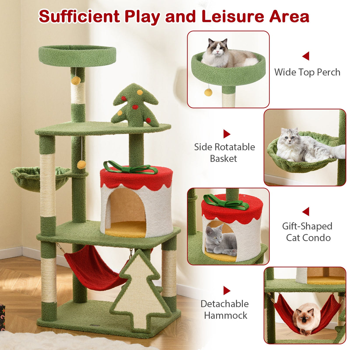 Cute Christmas Cat Tree with Sisal Scratching Posts and Gift Box Shaped Condo-Green