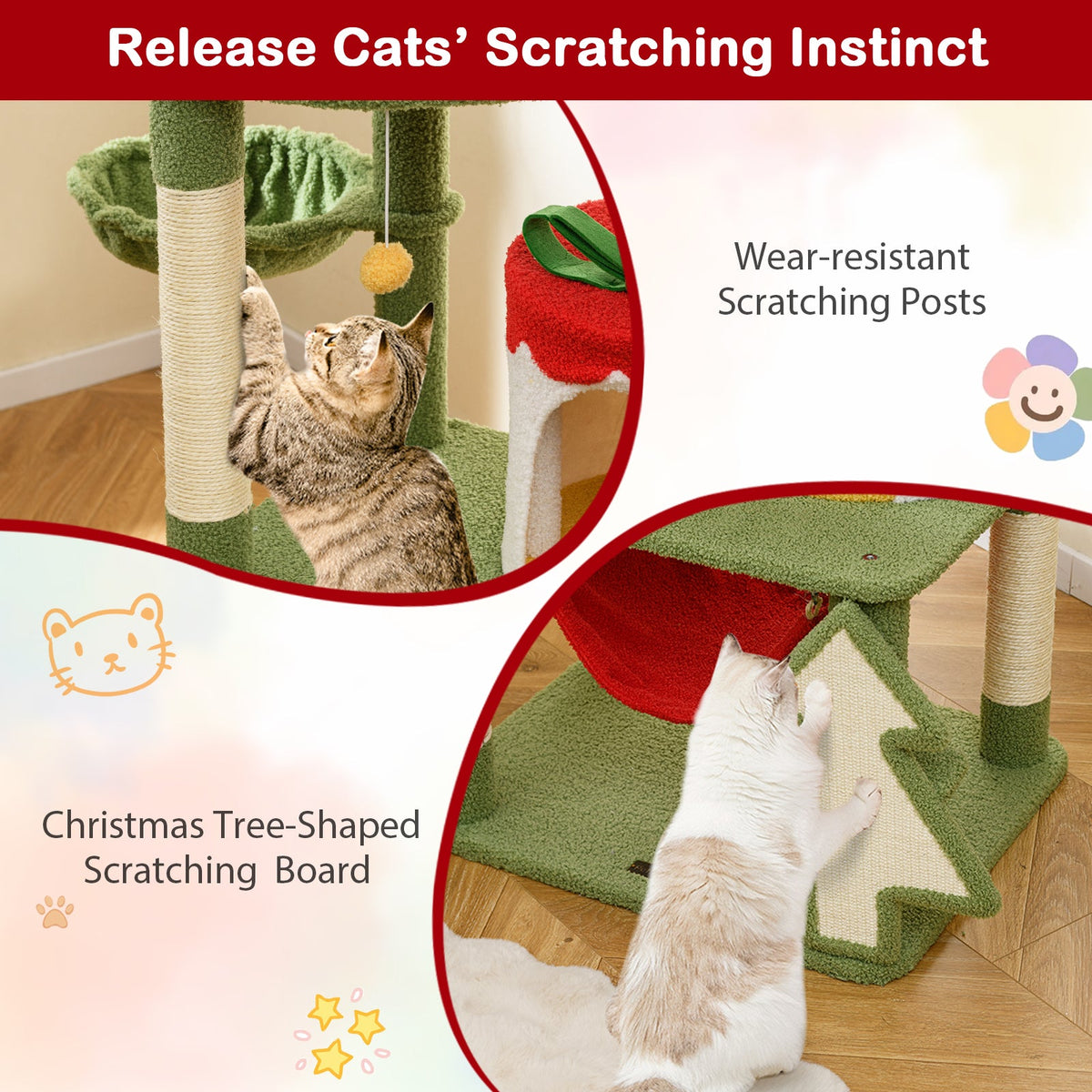 Cute Christmas Cat Tree with Sisal Scratching Posts and Gift Box Shaped Condo-Green